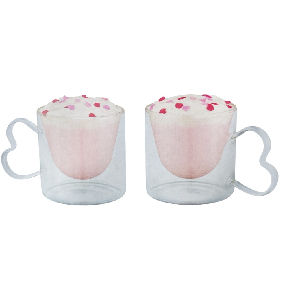 Crofton Valentine's Day Mugs Set 2 Heart Shaped Double Walled Glass Coffee Cups